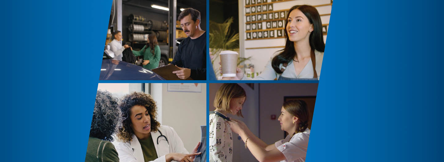 Four separate images one of a man in an auto body repair facility holding a clip board, one a barista handing out a drink, another of a doctor going over an X-Ray, the last one of woman crouched down with a child.