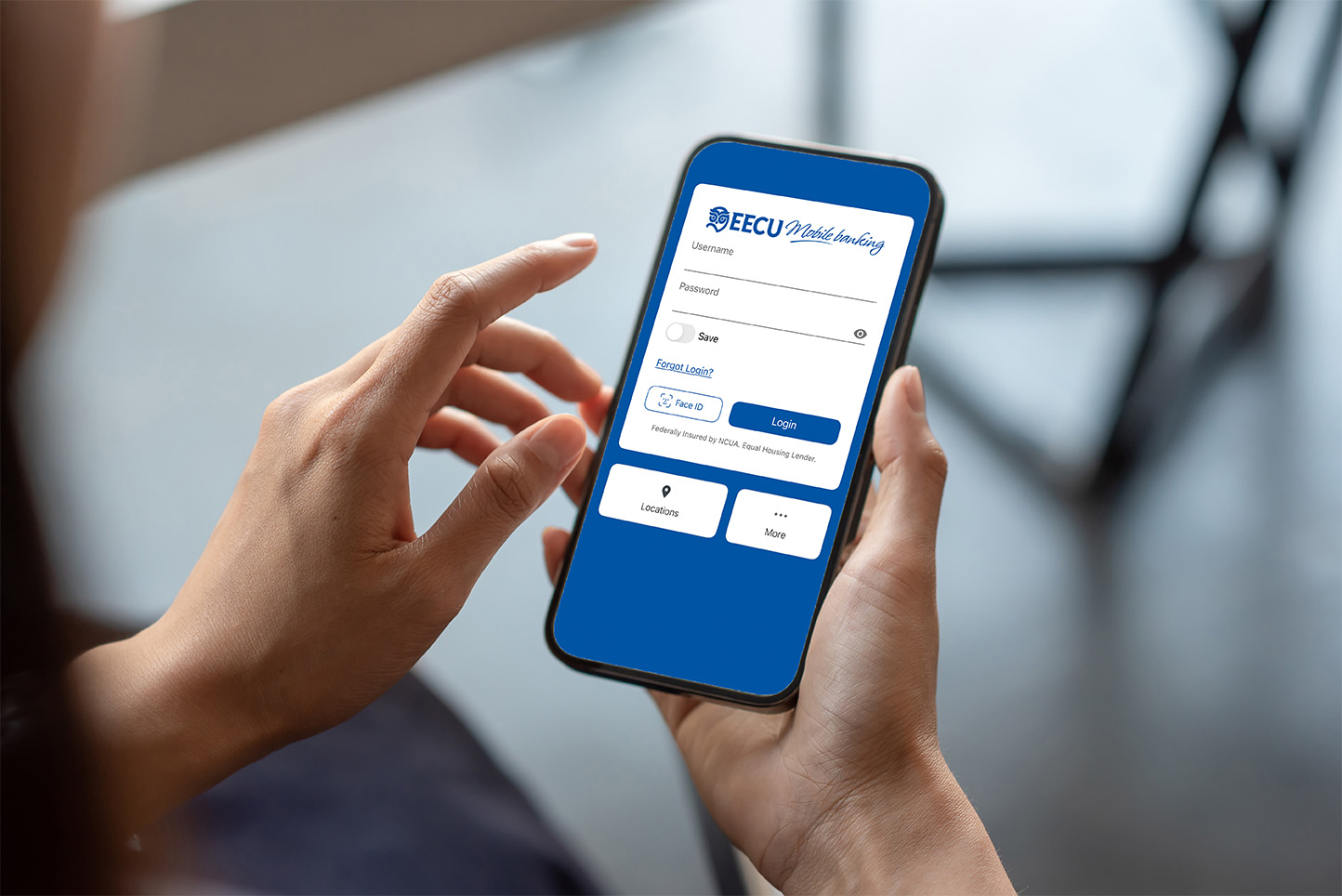 Woman holding phone displaying EECU mobile app homepage for iPhone