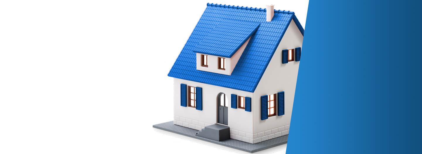 Small white house with a blue roof