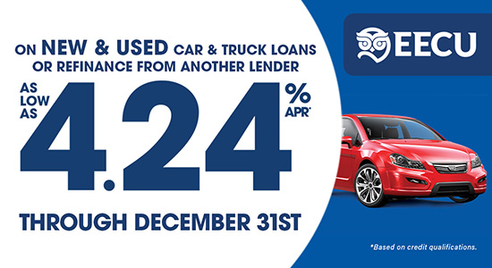 ON NEW & USED CAR & TRUCK LOANS OR REFINANCE FROM ANOTHER LENDER AS LOW AS 4.24% APR* THROUGH DECEMBER 31ST. *Based on credit qualifications. Image of a red sedan.