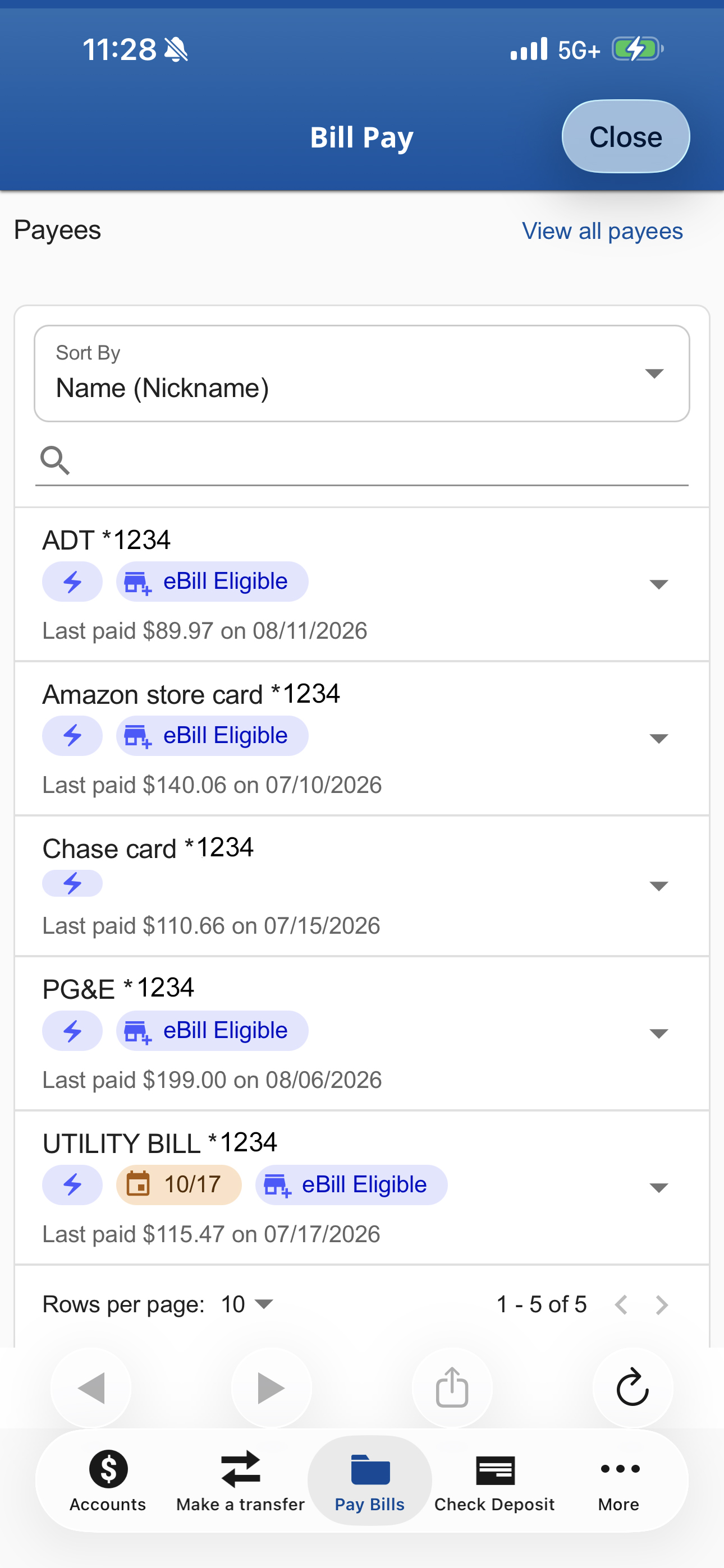 Mobile Bill Pay Payees screen Screenshot of Bill Pay Payees screen in EECU Mobile app