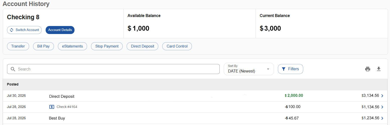 OLB Account History Screenshot of Account History in Online Banking