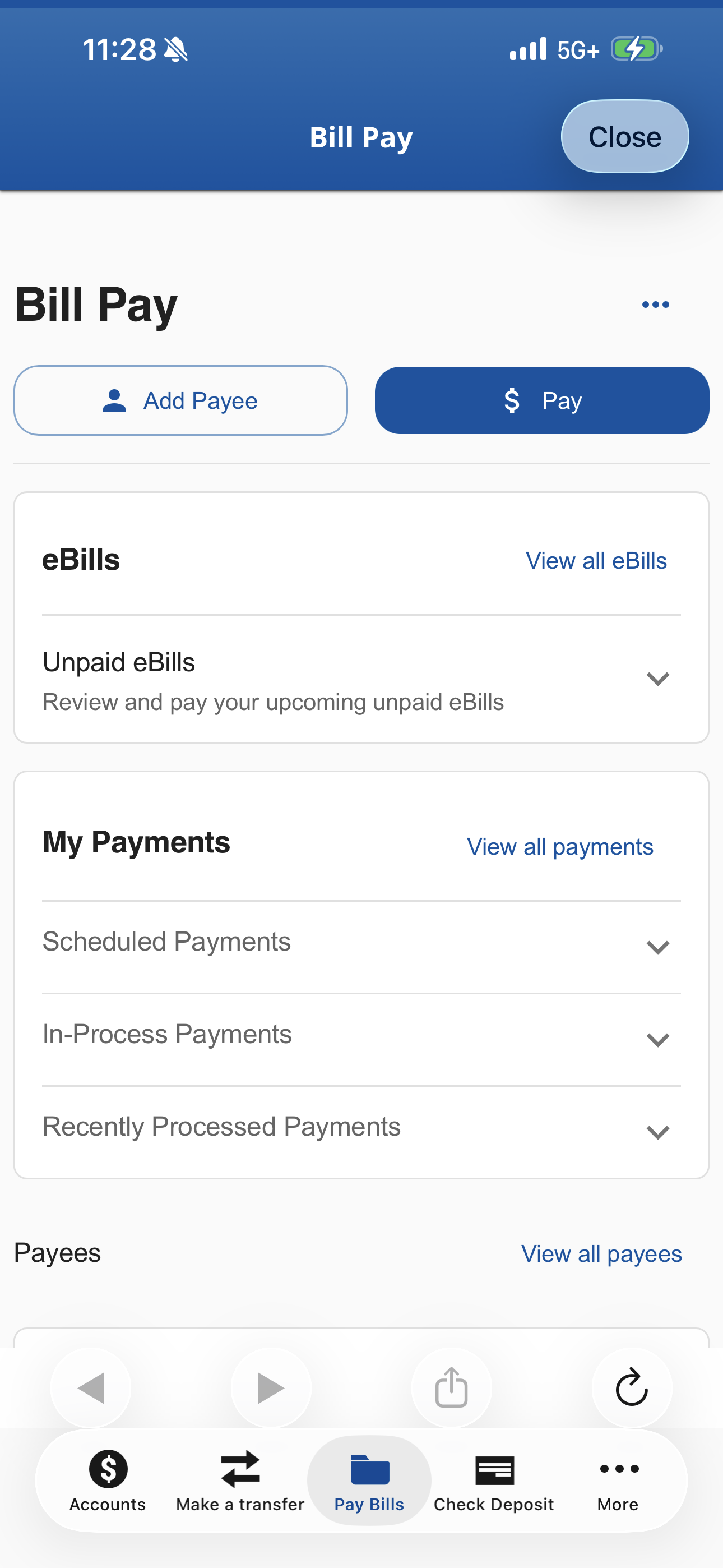 Mobile Bill Pay home screen Screenshot of Bill Pay home screen in EECU's mobile app