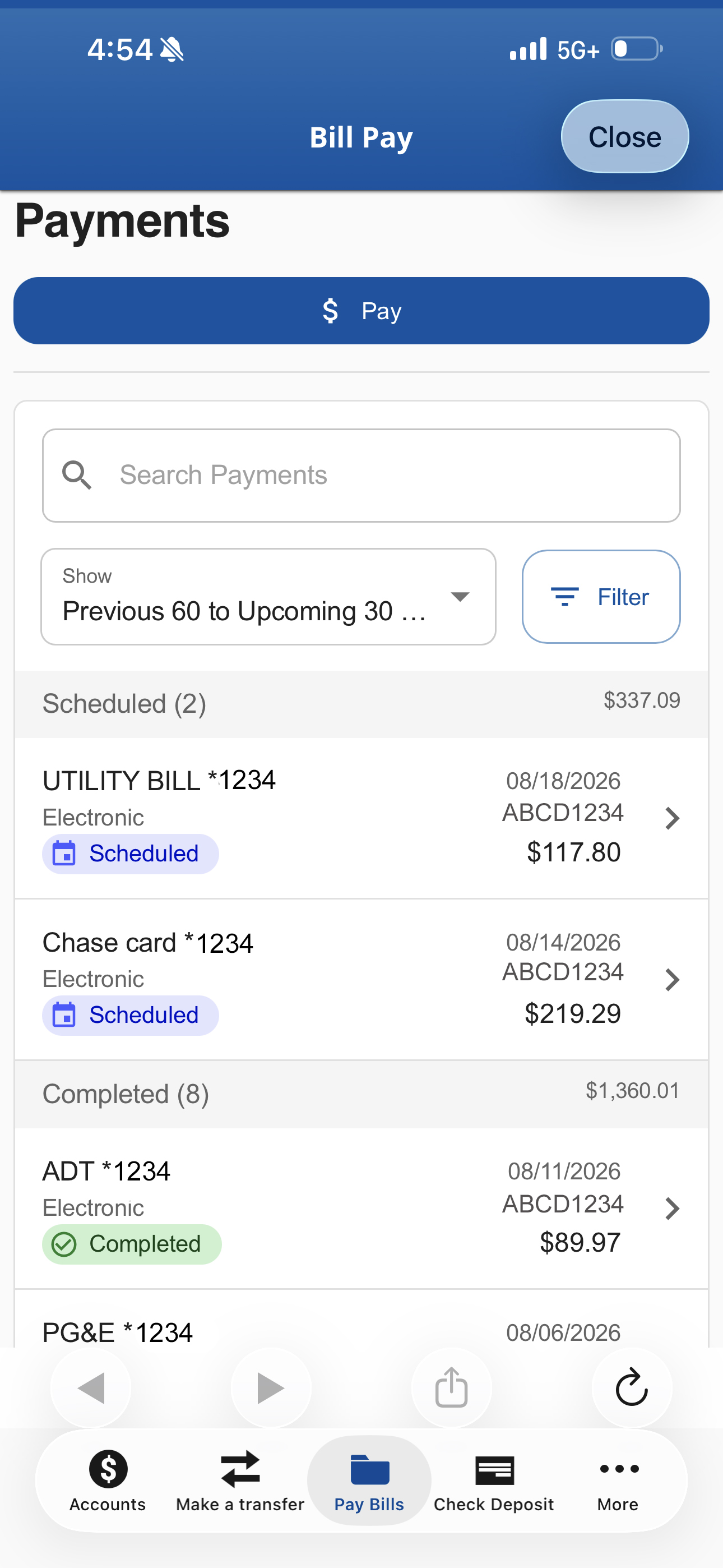 Mobile Bill Pay Payments screen Screenshot of Bill Pay Payments screen in EECU Mobile App