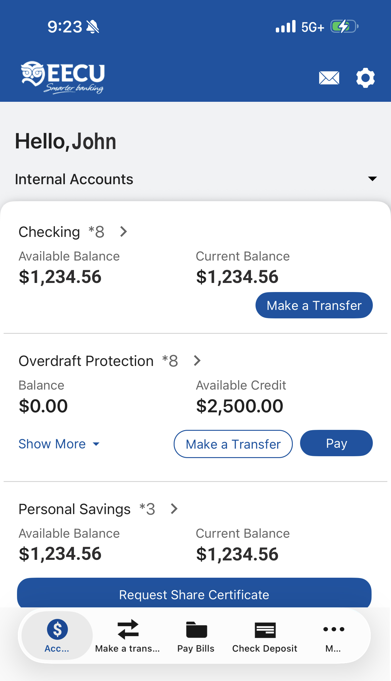 Mobile Accounts screen Screenshot of Accounts screen on mobile app