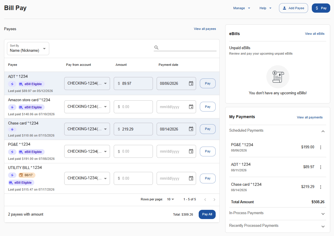 OLB Bill Pay home screen Screenshot of Bill Pay home page in EECU's Online Banking