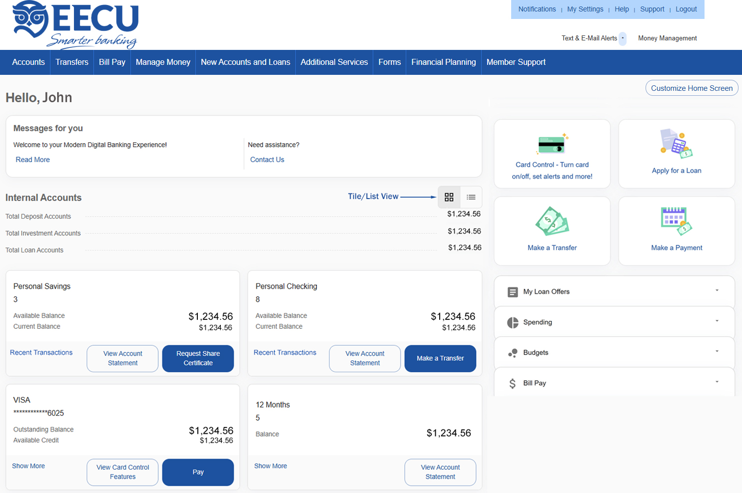 Online Banking Accounts Screen Screenshot of Online Banking Account Screen