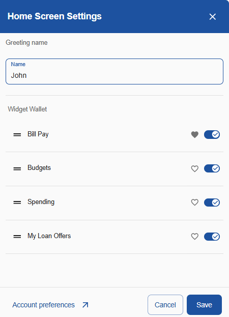 OLB Home Screen Settings Screenshot showing where to update greeting name and set preference for widget wallet in Online Banking