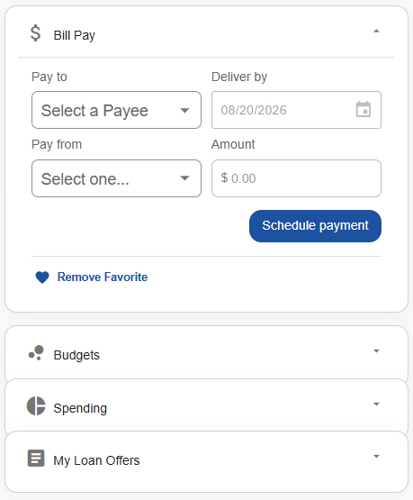 OLB Widget Wallet with Favorite Screenshot showing customized widget wallet in Online Banking